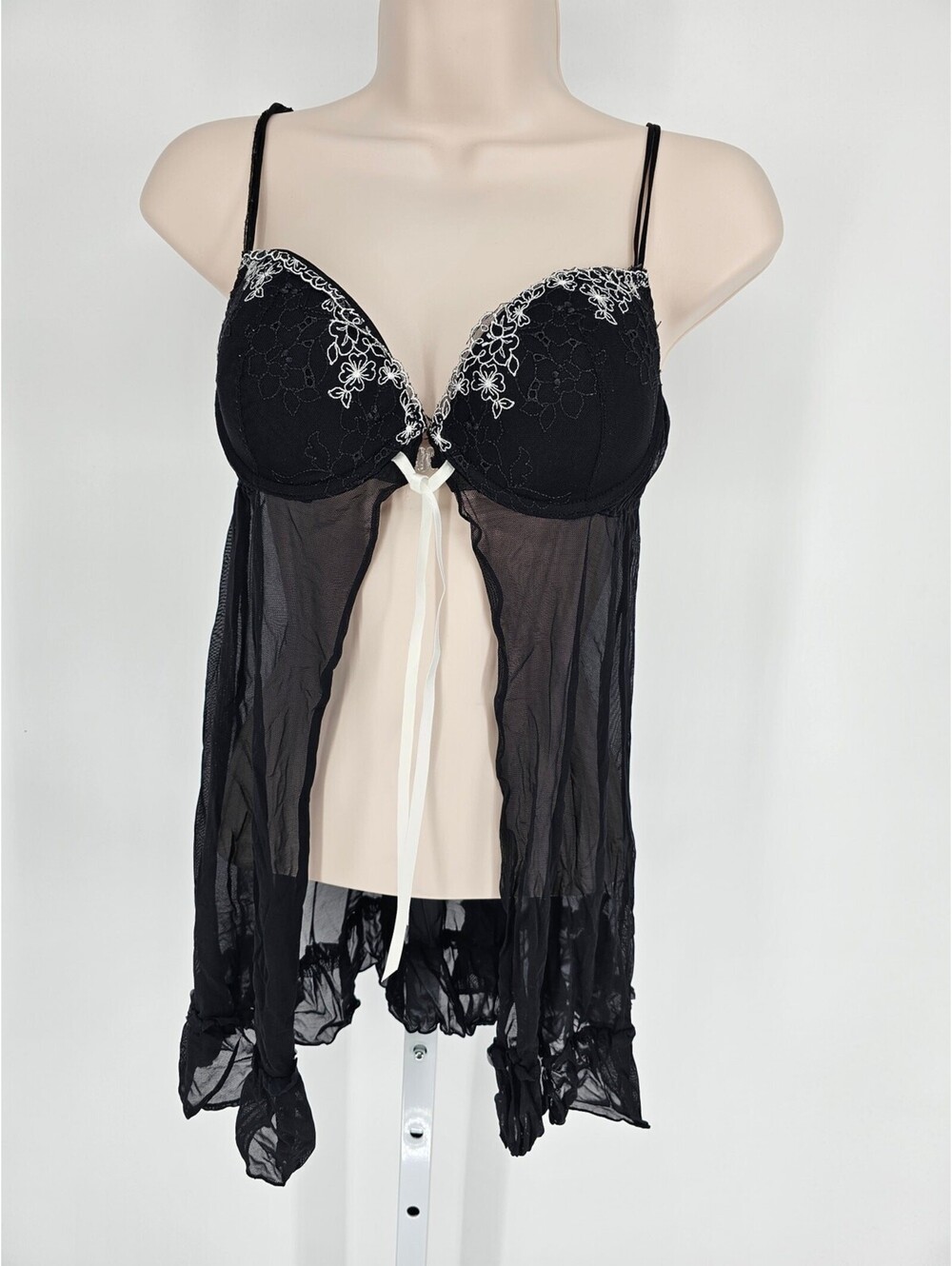 Vintage Y2K Inner Secrets Womens Sz M Open Front Babydoll Nightie Black Mesh